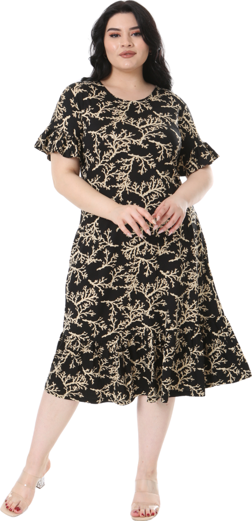 Butik Kısa Kollu Fırfırlı Cepli Siyah Vizon Mercan Desenli Midi Elbise