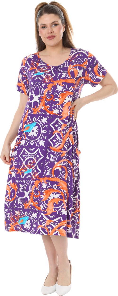 Butik Mor Retro Desen Kuplu Cepli Kısa Kol Kadın Midi Elbise
