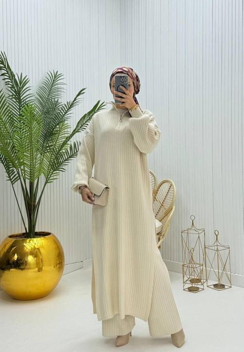 Pantalon Uzun Tunik Triko Takım Ekru