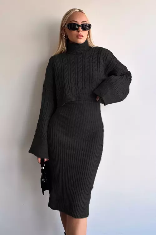 Boğazlu Crop Kazak Triko Elbise Takım