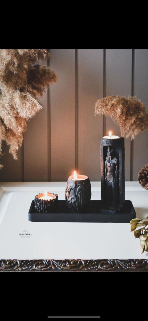 Özel Tasarım Siyah Antik Anubis Tealight Soya Wax Mumluk Vazo Tepsi Takımı Hediyelik Dekoratif