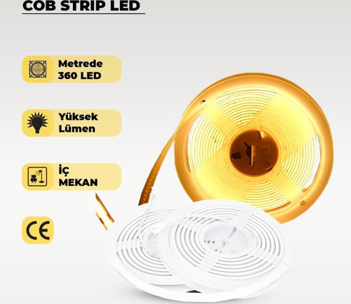 12V COB Şerit Led 3200K Sarı Işık - Metrede 360 Led - 5 Metre