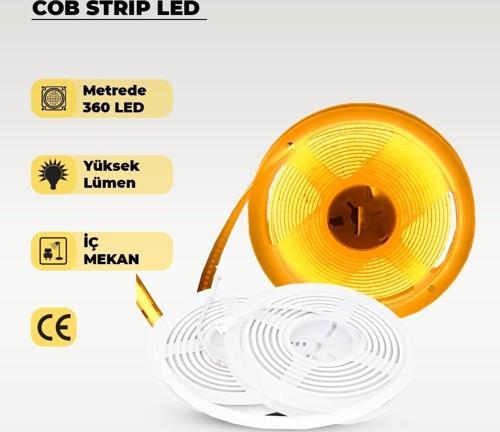 12V COB Şerit Led Amber Işık  - Metrede 360 Led - 5 Metre