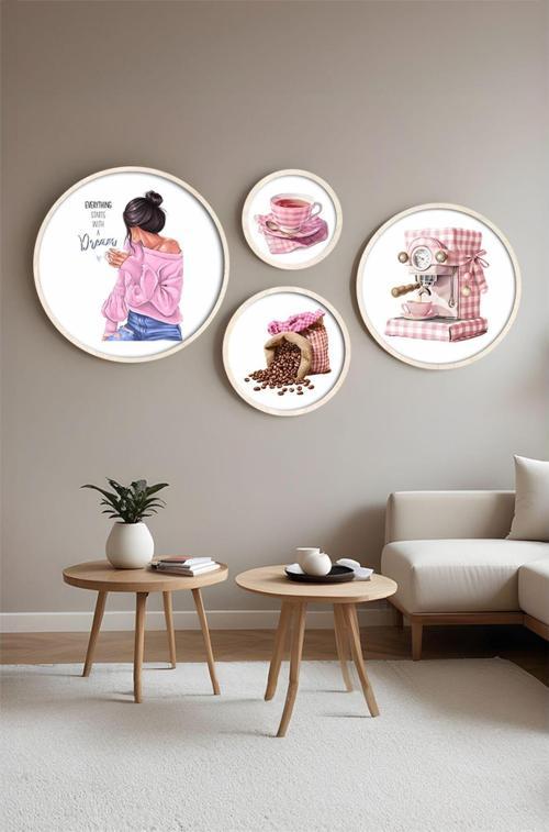 Ahşap Çerçeveli Modern 4'Lü Yuvarlak Tablo Seti Huhu414