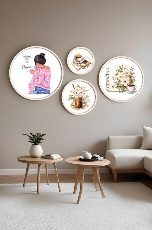 Ahşap Çerçeveli Modern 4'Lü Yuvarlak Tablo Seti Huhu413