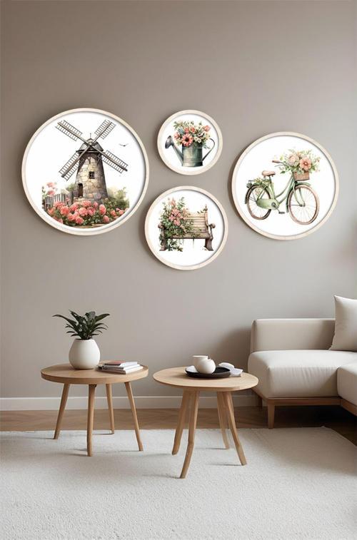 Ahşap Çerçeveli Modern 4'Lü Yuvarlak Tablo Seti Huhu416