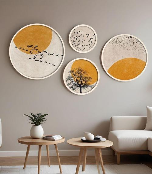 Ahşap Çerçeveli Modern 4'Lü Yuvarlak Tablo Seti Huhu412