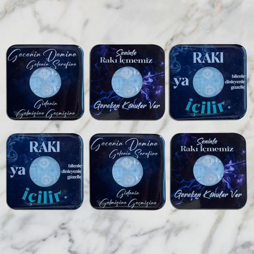 Epoksili Işıklı Kare Özel Tasarım Rakı Temalı Bardak Altlığı 6 lı