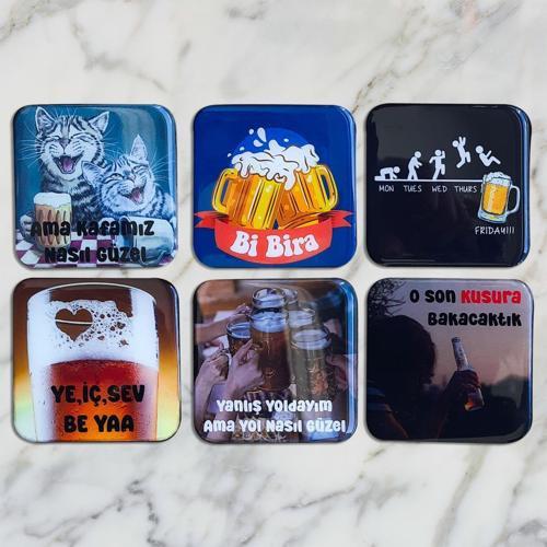 Epoksili Kare Özel Tasarım Bira Esprili Bardak Altlığı 6 lı