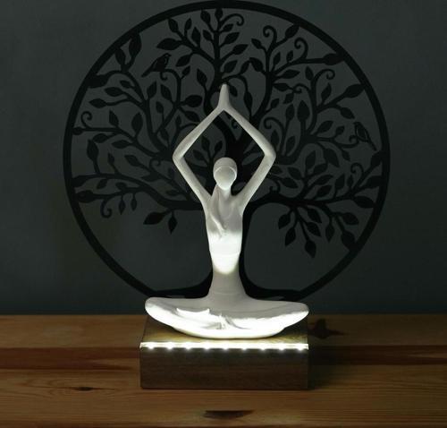 Işıklı Kişiselleştirilebilir Hayat Ağacı Yoga Yapan Kadın Biblo Gece Lambası Dekoratif Obje Siyah