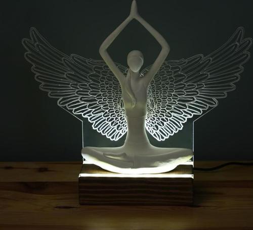 Işıklı Kişiselleştirilebilir Pleksi Melek Kanatlı Yoga Yapan Kadın Biblo Gece Lambası Dekoratif Obje