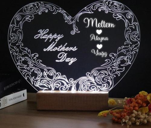 Kalpli Happy Mother's Day Işıklı Pleksi Kişiye Özel Gece Lambası Anneler Günü Hediyesi 1. Desen