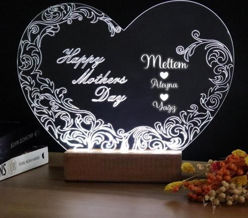 Kalpli Happy Mother's Day Işıklı Pleksi Kişiye Özel Gece Lambası Anneler Günü Hediyesi 2. Desen
