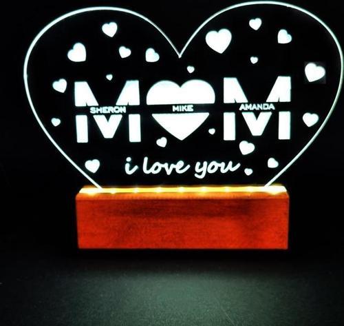 Kalpli MOM I Love You Led Işıklı Pleksi Kişiye Özel Gece Lambası