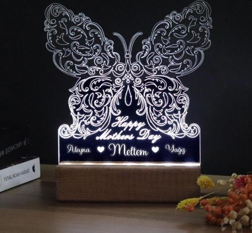 Kelebek Desenli Happy Mother's Day Işıklı Pleksi Kişiye Özel Gece Lambası Anneler Günü Hediyesi