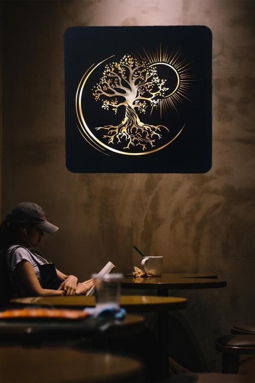 Işıklı Ağaç Güneş Temalı Tablo Duvar Dekorlu Gece Lambası