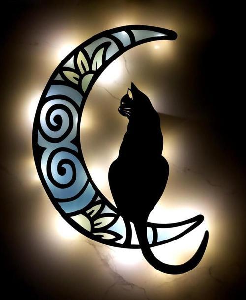 Epoksili Ahşap Aydaki Kedi Figürlü Tablo Duvar Dekorlu Gece Lambası Mavi Yeşil  40 cm