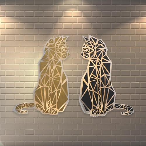 Işıklı İkiz Geometrik Kedi Tablo Duvar Dekorlu Gece Lambası 80 cm