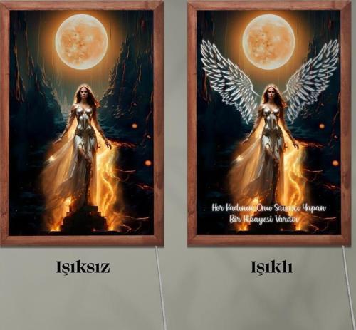 Işıklı Pleksi Kadın Temalı Sürpriz Tablo Melek Kanatlı Savaşçı Kadın Dekoratif Ayaklı Biblo