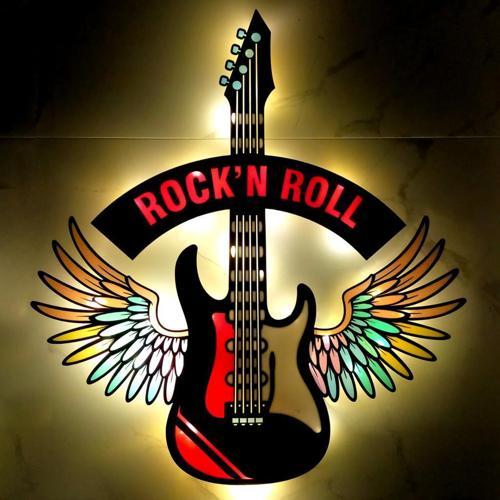 Epoksili Kişiselleştirilebilir Kanatlı Gitar Figürlü Tablo Duvar Dekorlu Gece Lambası 60x55 cm