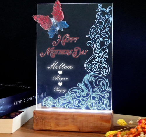 El Yapımı Boyama Happy Mother's Day Işıklı Pleksi Kişiye Özel Mavi Gece Lambası Anneler Günü Hediyesi