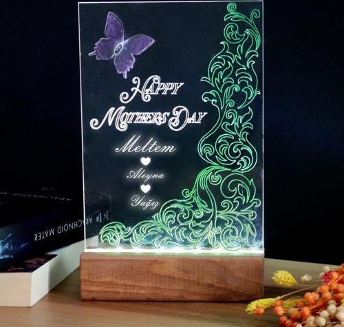 El Yapımı Boyama Happy Mother's Day Işıklı Pleksi Kişiye Özel Yeşil Gece Lambası Anneler Günü Hediyesi