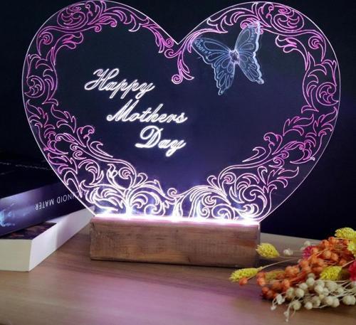 El Yapımı Boyama Kalpli Happy Mother's Day Işıklı Pleksi Kişiye Özel Gece Lambası Anneler Günü Hediyesi 1. Desen
