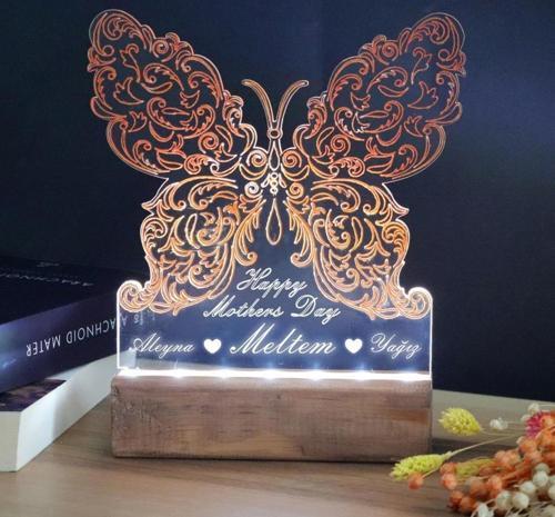 El Yapımı Boyama Kelebek Desenli Happy Mother's Day Işıklı Pleksi Kişiye Özel Gece Lambası Anneler Günü Hediyesi