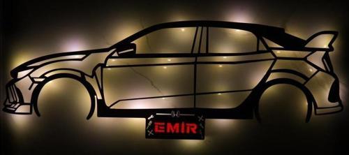 Işıklı Kişiselleştirilebilir Araba Temalı Tablo Honda Civic Dekoratif Gece Lambası 100 cm