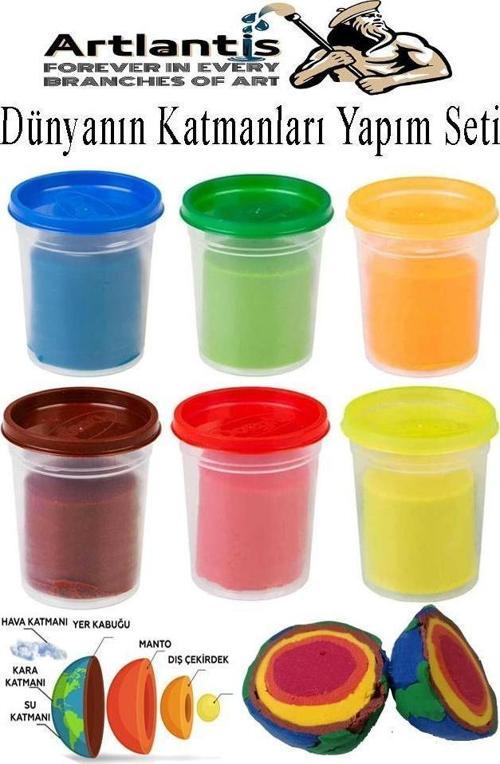 Dünyanın Katmaları Yapım Seti 1 Paket Mavi Yeşil Sarı Turuncu Kırmızı Kahverengi Oyun Hamuru Deney Okul Eğitim Materyali
