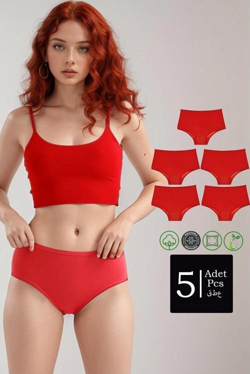 Yüksek Bel Pamuklu 5'Li Paket Bato Külot Kırmızı