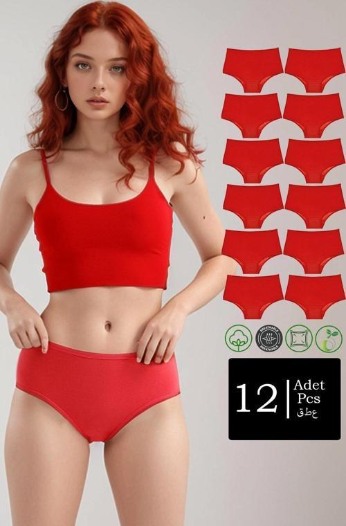 Yüksek Bel Pamuklu 12'Li Paket Bato Külot Kırmızı