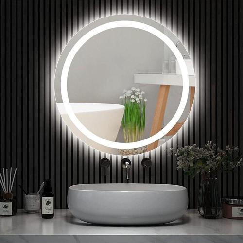 60Cm Beyaz Ledli Ayna, Kumlamalı Yuvarlak Banyo Aynası Dekoratif Duvar Aynası Prizli.