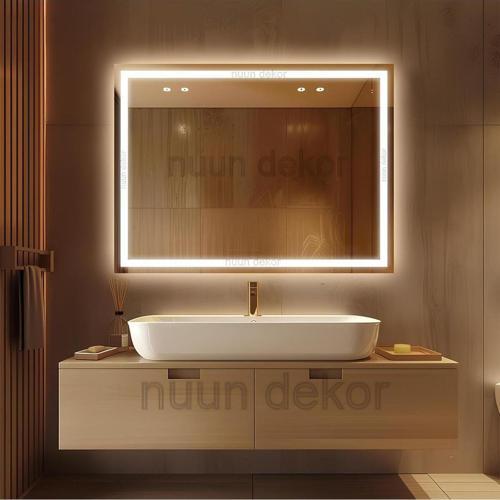 80X60 Günışığı Ledli Kumlamalı Banyo Aynası Modern Dekoratif Ayna Trafolu