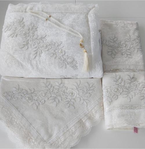 Krem 5 Parça Lüks Kadife Seccade Takımı Çeyizlik Fransız Dantelli Seccade Seti