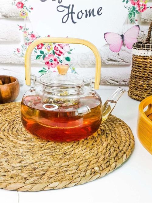 Anais Bambu Saplı Cam Süzgeçli Cam Bitki Çayı Demliği 1100 Ml