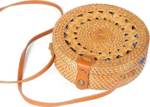 Daisy- Rattan El Yapımı Deri Askılı Hasır Yuvarlak Omuz Çantası