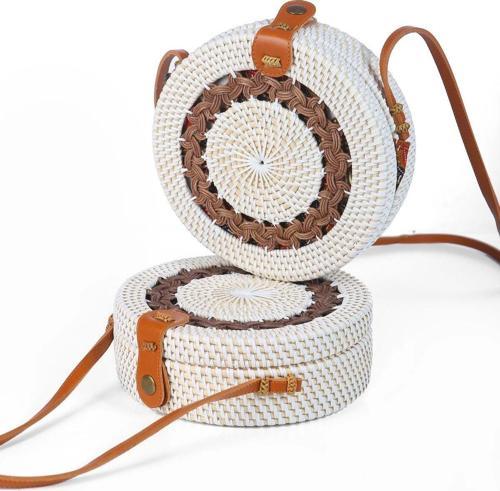 Daisy- Rattan El Yapımı Deri Askılı Hasır Yuvarlak Omuz Çantası Ekru Kahve
