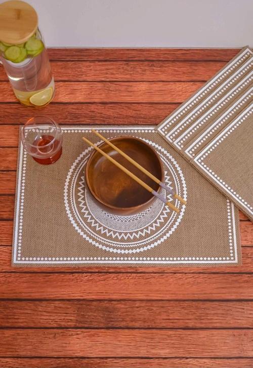Ethnic - 6 Adet Jüt El Baskılı Dikdörtgen Sofra Sunum Tabak Altlığı Supla Amerikan Servisi 45x30 Cm
