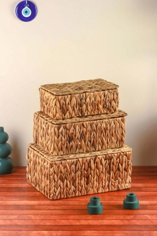 Philippa - 3 lü Hasır Kapaklı Dikdörtgen Çok Amaçlı Sepet Seti