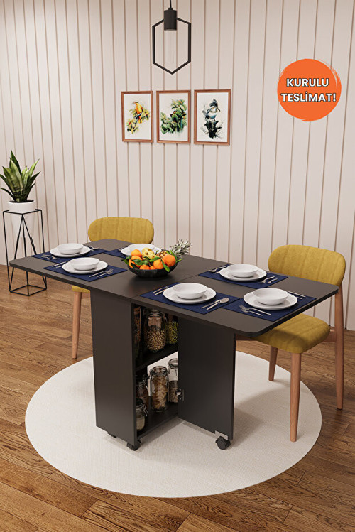 MDF Katlanır Mutfak Yemek Çalışma Masası, Koyu Gri, 155×75×70 cm, KM-29