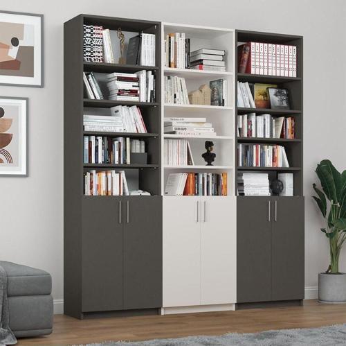 %100 MDFLAM Koyu Gri & Beyaz Kapaklı Kitaplık K-58