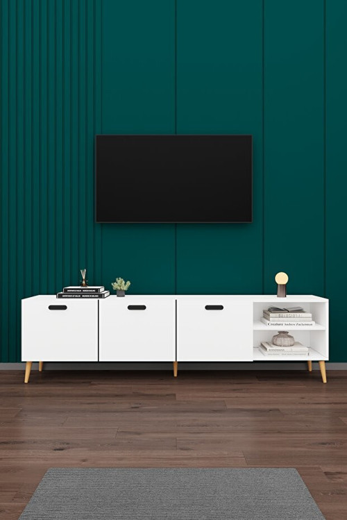 MDF Beyaz TV Ünitesi - 200 cm, Şık & Modern Tasarım TV Sehpası, T-18