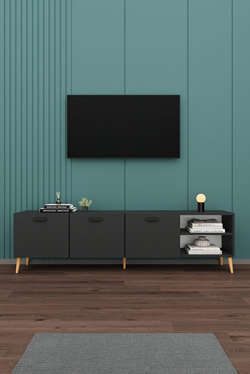 MDF Koyu Gri TV Ünitesi - 200 cm, Şık & Modern Tasarım TV Sehpası, T-21