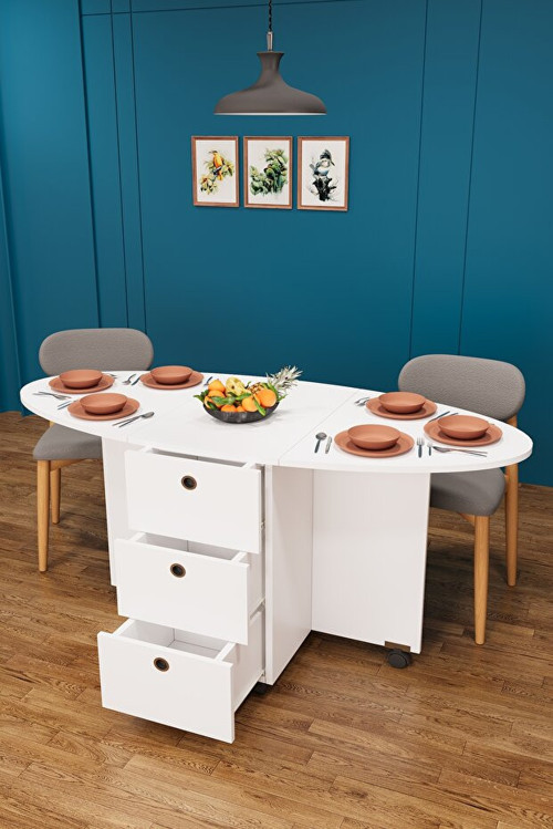 MDF Oval Katlanır Mutfak Yemek Çalışma Masası, 3 Çekmeceli, Beyaz, KM-08