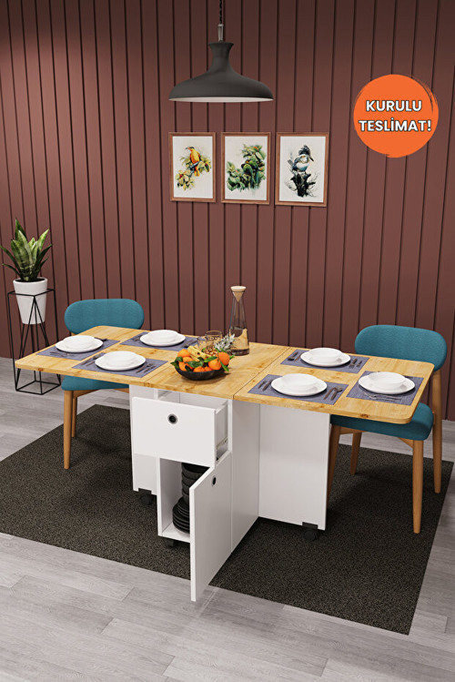 MDF Katlanır Mutfak Yemek Çalışma Masası, Çekmece+Dolap, Beyaz-Safir Meşe, KM-02