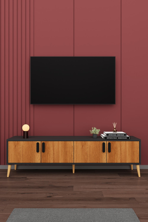 MDF Koyu Gri/Petra TV Ünitesi - 160 cm, Şık & Modern Tasarım TV Sehpası, T-05