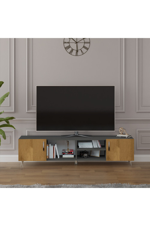 MDF Koyu Gri/Petra TV Ünitesi - 180 cm, Şık & Modern Tasarım TV Sehpası, T-13
