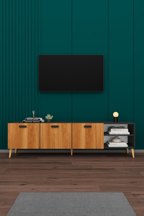 MDF Koyu Gri/Petra TV Ünitesi - 200 cm, Şık & Modern Tasarım TV Sehpası, T-22