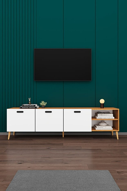 MDF Petra/Beyaz TV Ünitesi - 200 cm, Şık & Modern Tasarım TV Sehpası, T-20